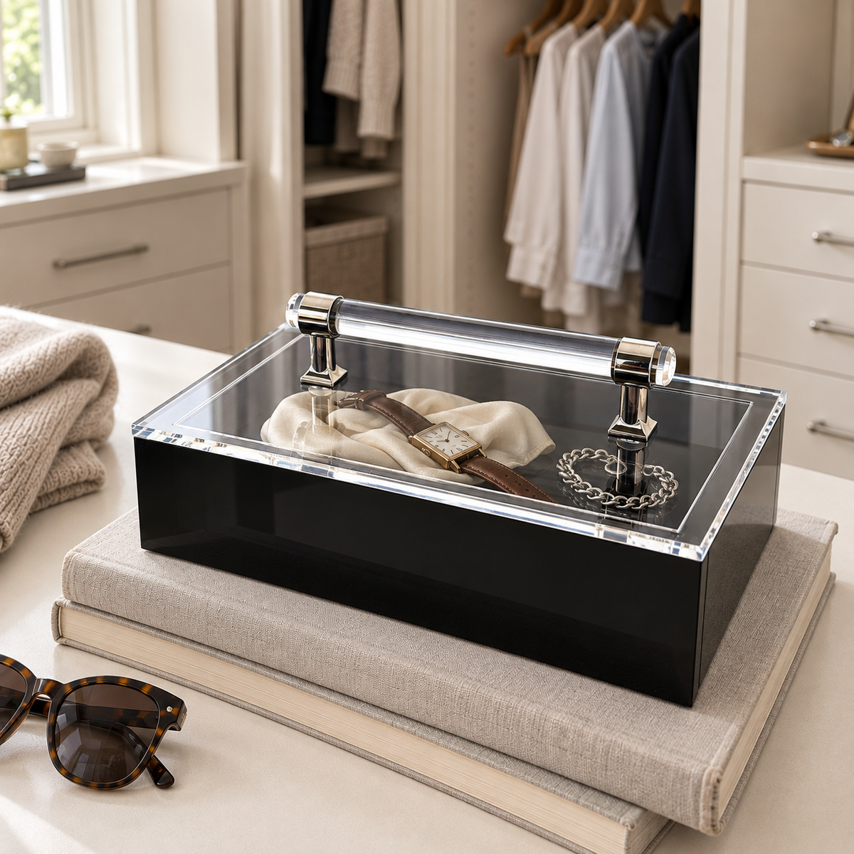 Black acrylic box holding jewelry in a dressing room