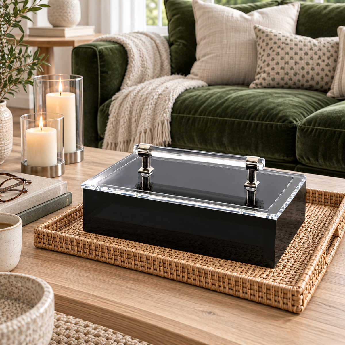 Black acrylic box on a rattan tray beside candles and books