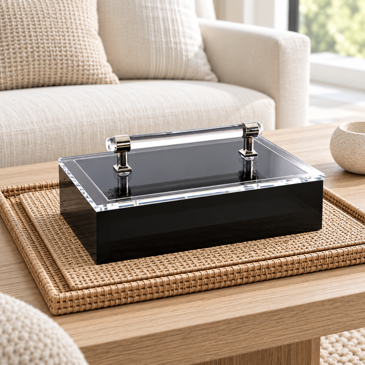 Black acrylic box on a woven rattan tray by a sofa