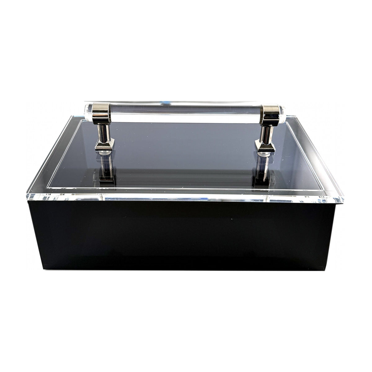 Black acrylic box with silver handle, front view on white