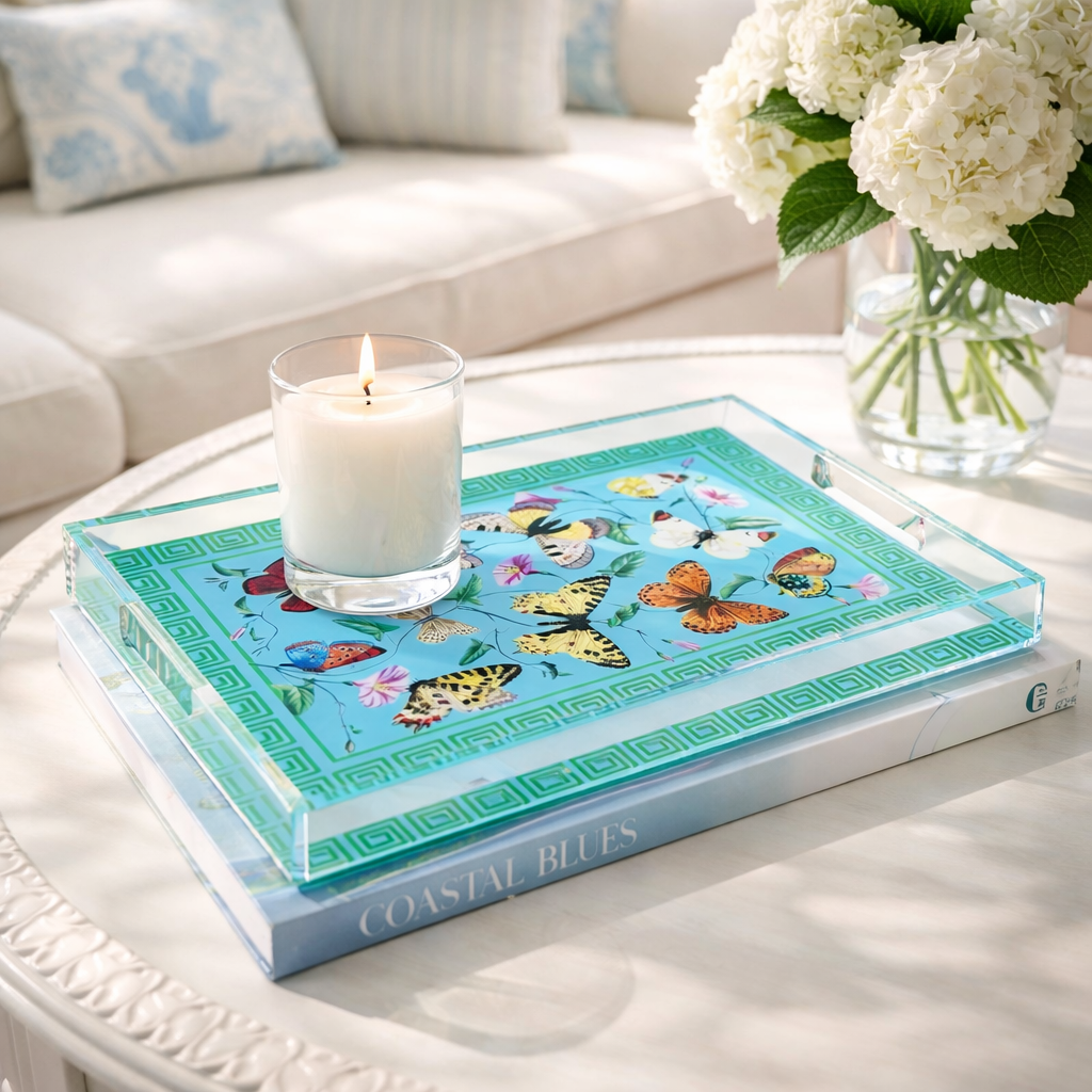 Clear Acrylic Serving Tray, Greek Key Butterfly
