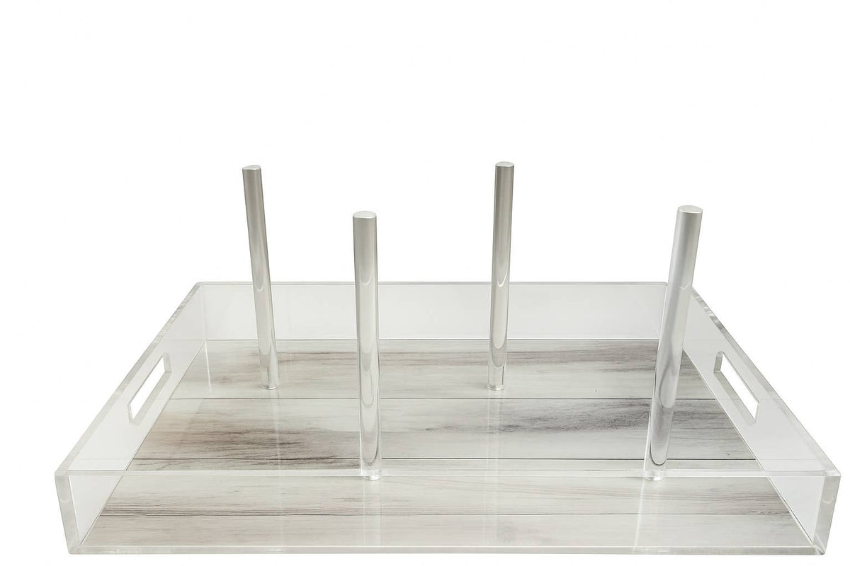 White Wood acrylic bagel tray with four clear dowels and cutout handles, on white