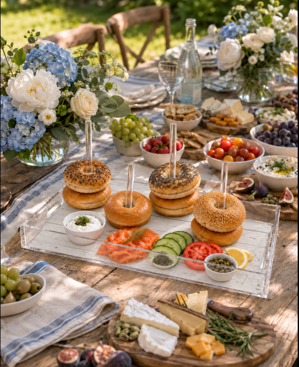Garden brunch with bagels stacked on the dowels, lox, cucumber, tomatoes and capers among blue hydrangeas