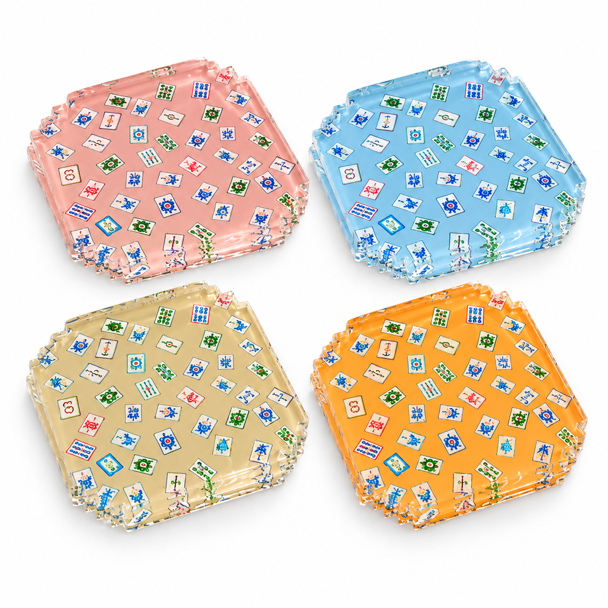 Preppy Mahjong acrylic coaster set of 4 on white: pink, blue, yellow and orange octagonal coasters with scattered mahjong tiles