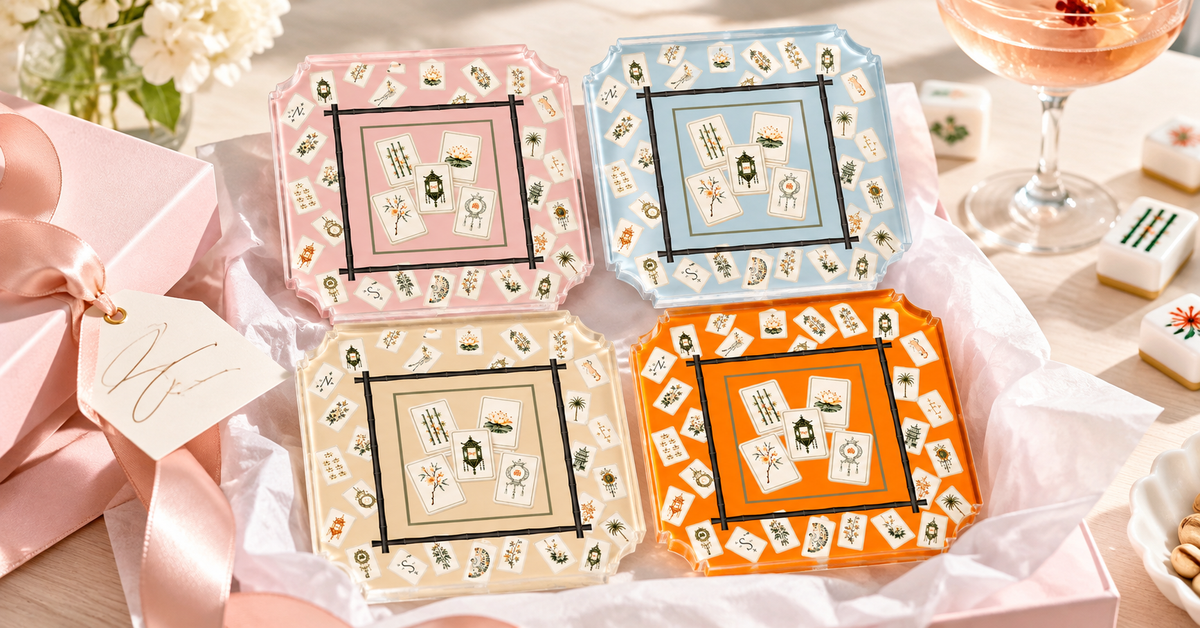 Bamboo Mahjong acrylic coaster set of 4 in pink, blue, cream and orange, unwrapped in a pink gift box with ribbon