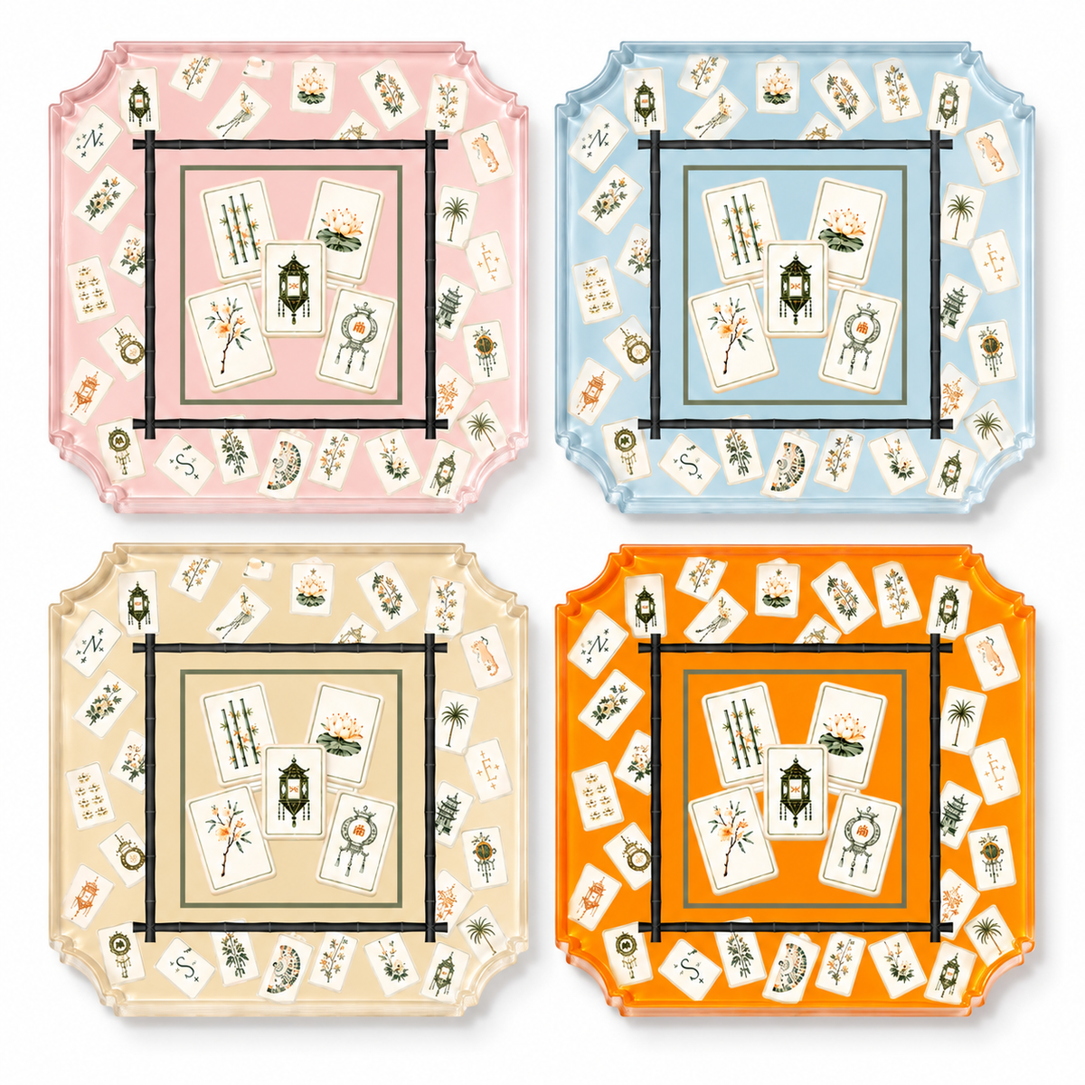 Bamboo Mahjong acrylic coaster set of 4 on white: pink, blue, cream and orange octagonal coasters, each with a mahjong tile framed in bamboo