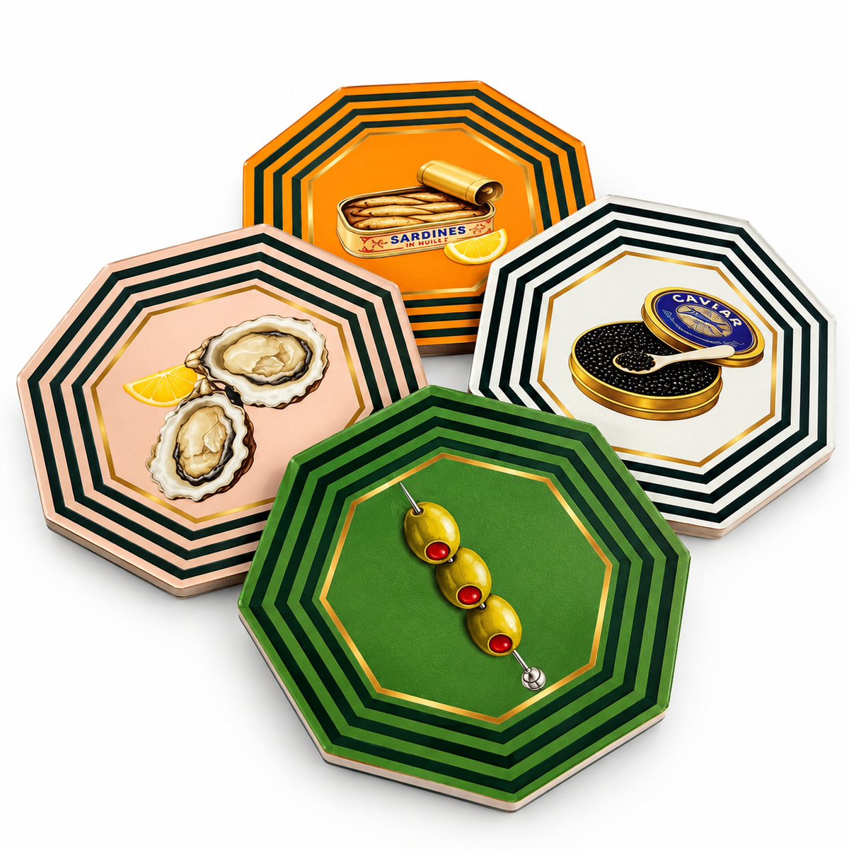 Four octagonal striped coasters fanned out: green with skewered olives, pink with oysters, orange with a sardine tin and white with caviar