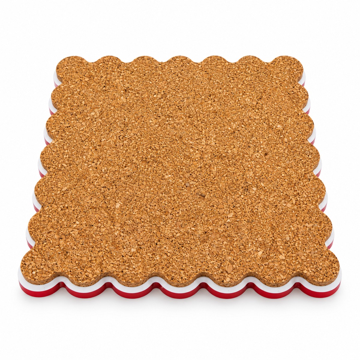 Cork back of a scalloped square coaster with red and white acrylic edges