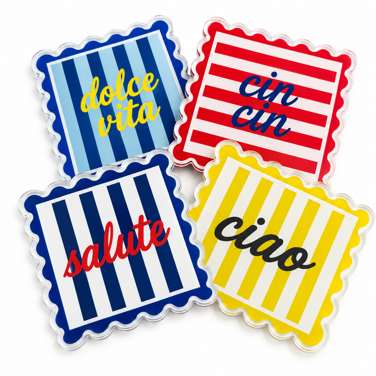 Four scalloped striped coasters reading dolce vita, cin cin, salute and ciao, arranged in a cluster