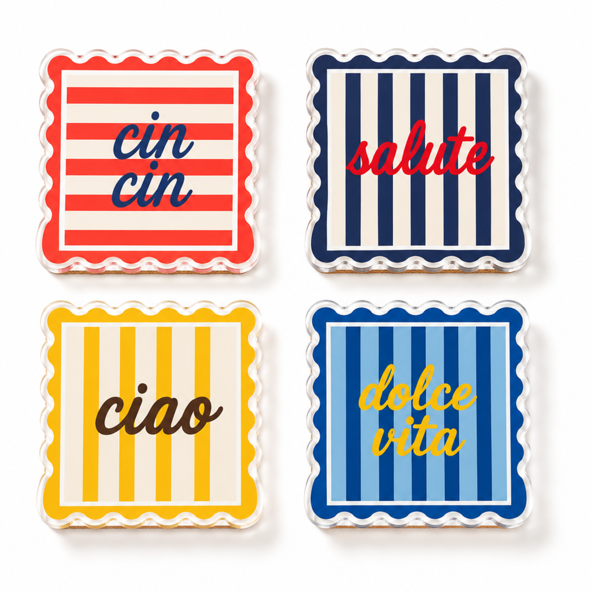 Four scalloped striped acrylic coasters reading cin cin, salute, ciao and dolce vita on white