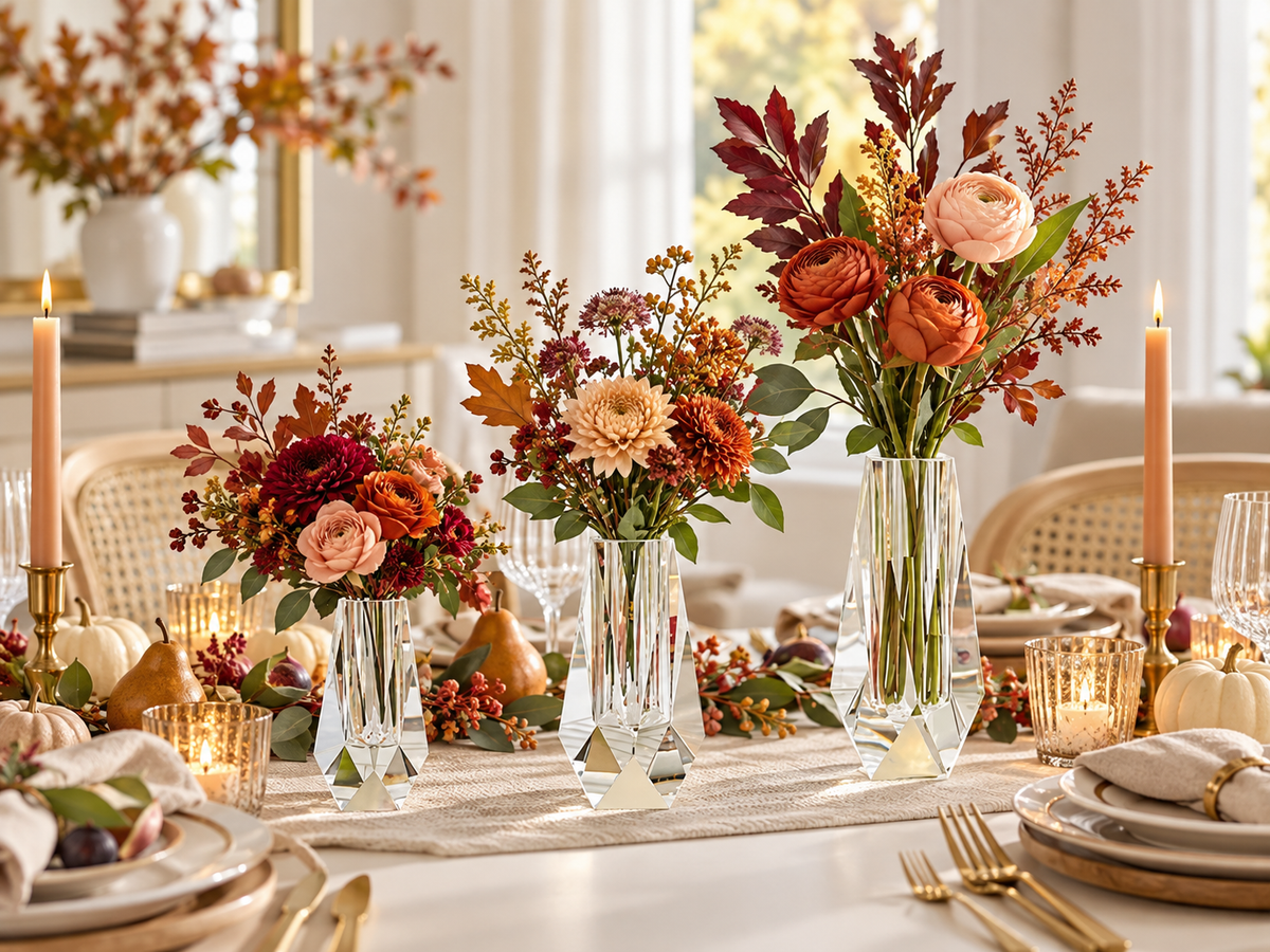 Three clear acrylic bud vases with rust and burgundy fall flowers, pumpkins and taper candles