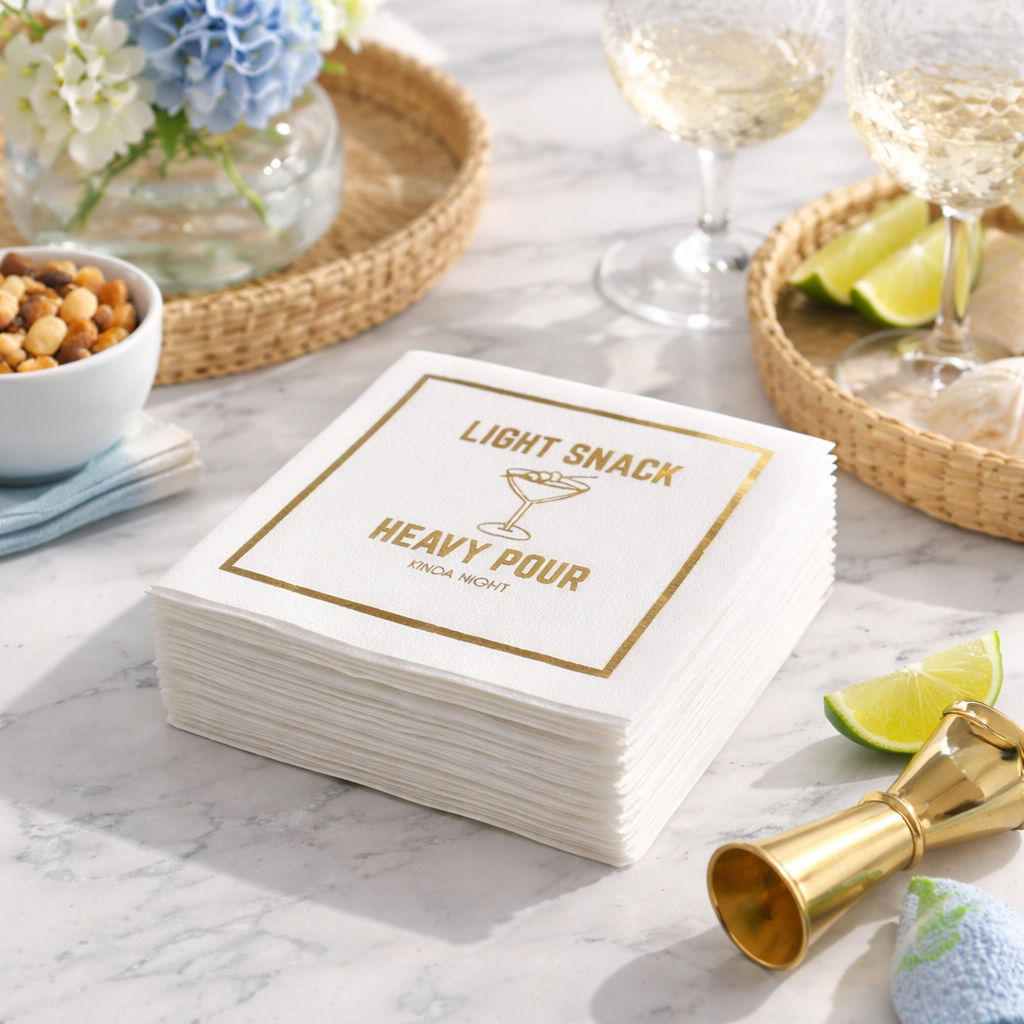 Linen-Feel Cocktail Napkins, Light Snack Heavy Pour