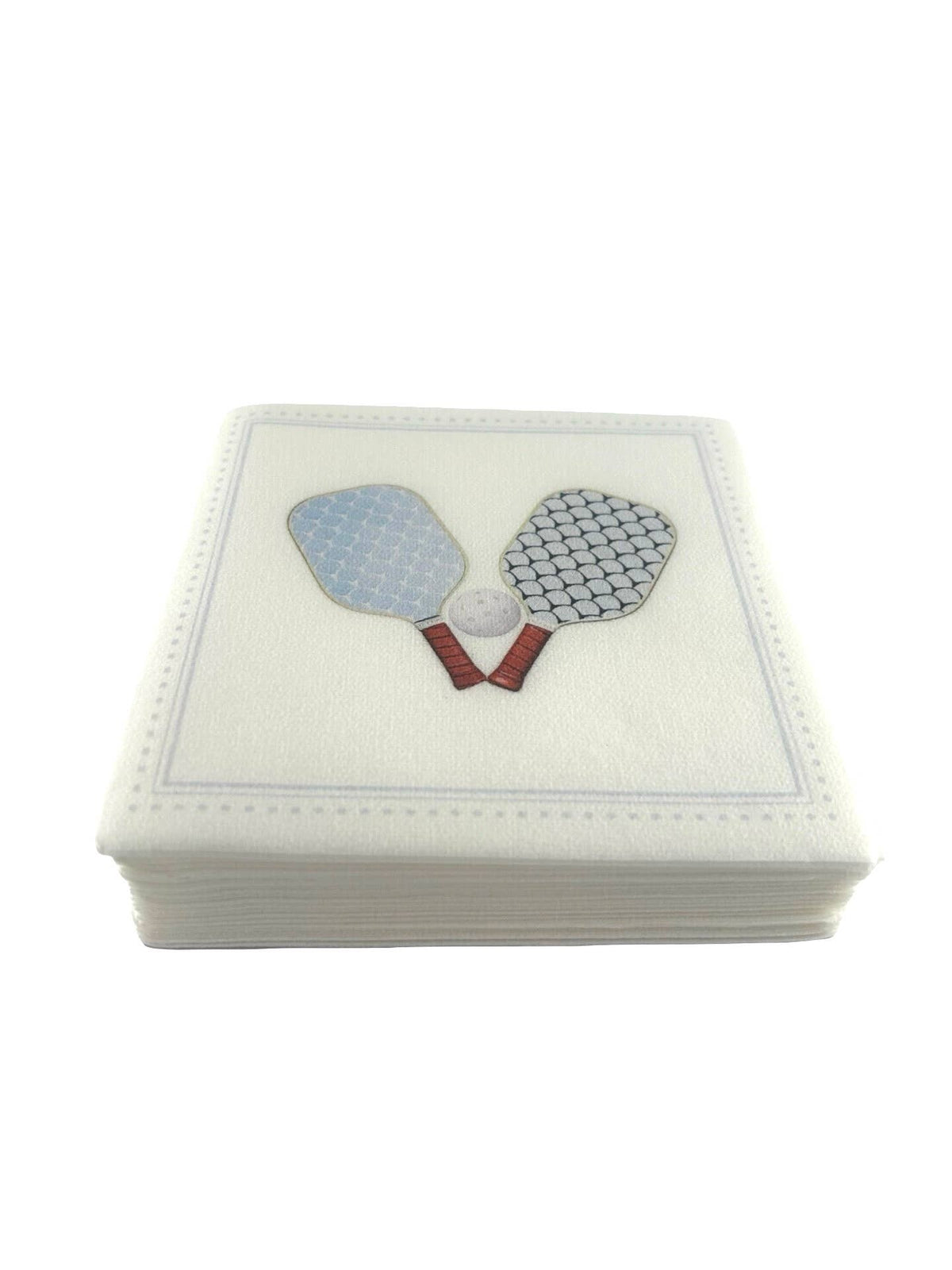 Pickleball cocktail napkin design: crossed pickleball paddles and a ball in a dotted border