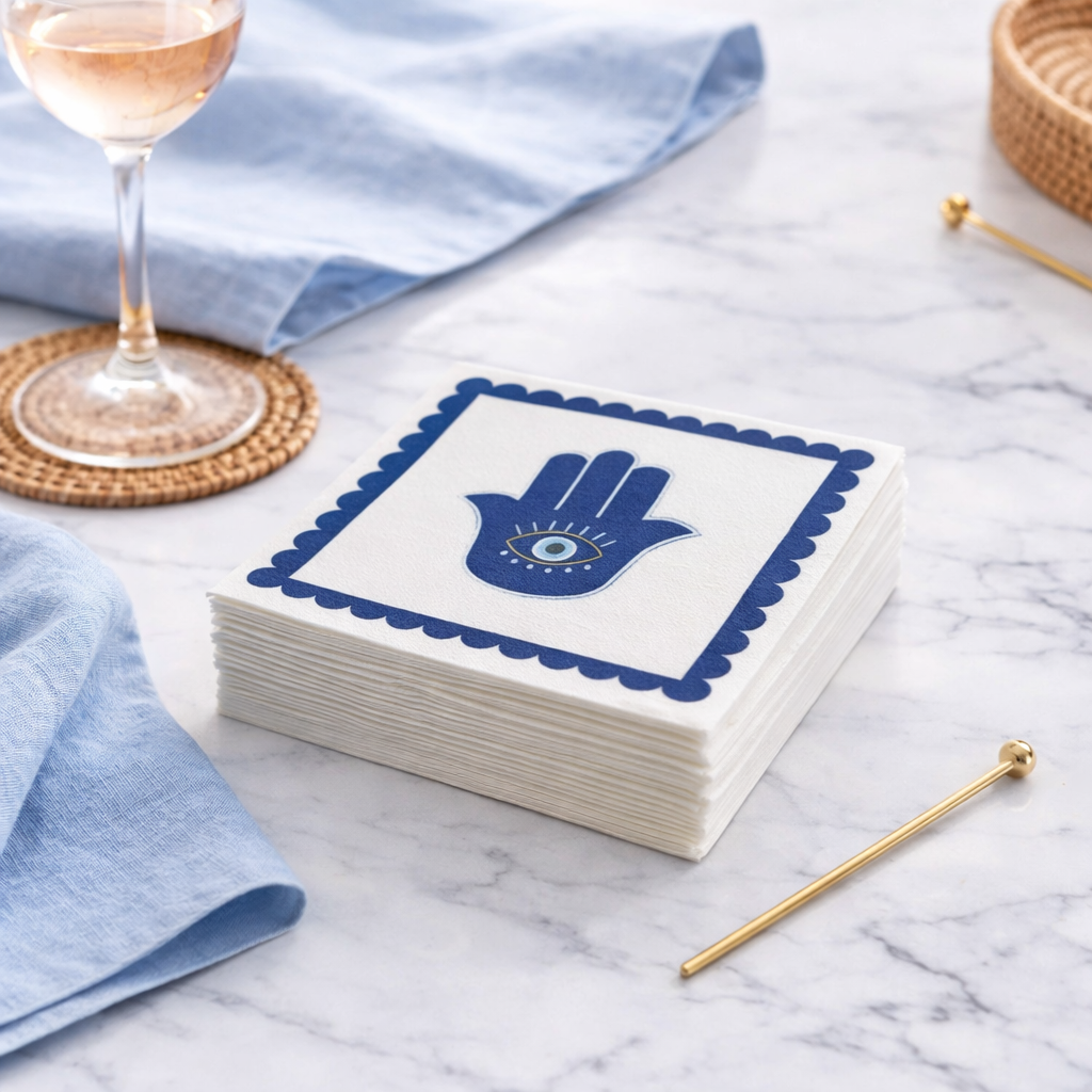 Linen-feel cocktail napkins printed with a cobalt-blue hamsa with an evil eye in a navy scalloped border