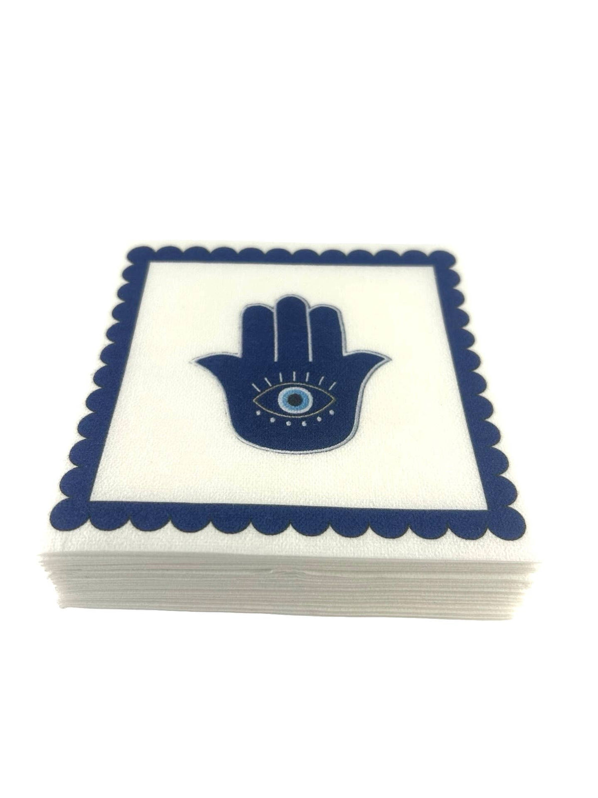 Hamsa cocktail napkin design: a cobalt-blue hamsa with an evil eye in a navy scalloped border