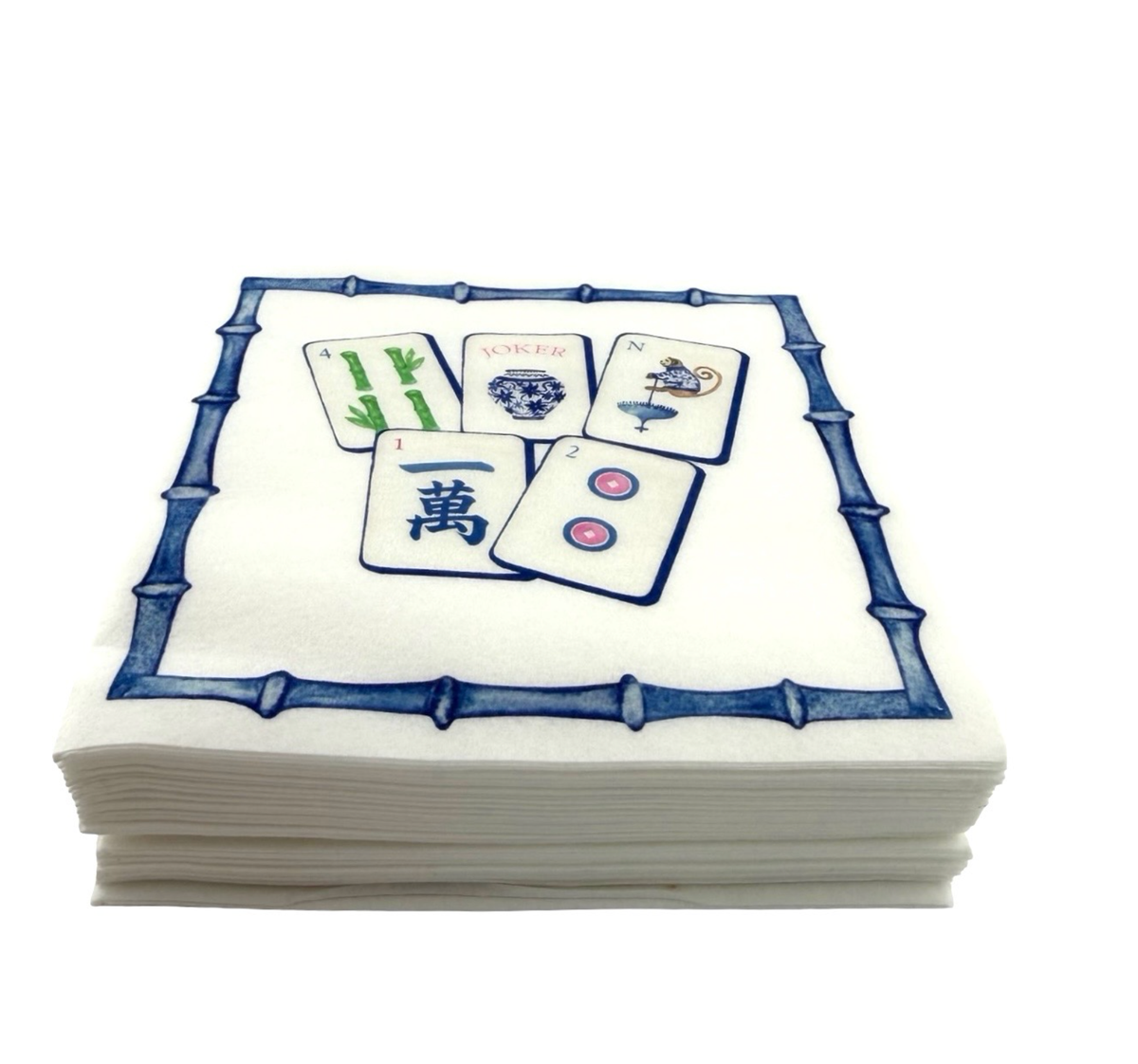Preppy Mahjong cocktail napkin design: colorful mahjong tiles in a blue bamboo border