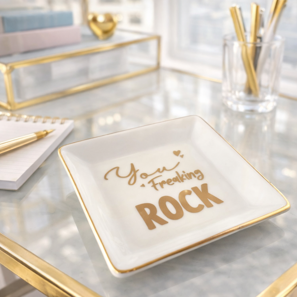Porcelain Trinket Dish, Freaking Rock, Gold Rim