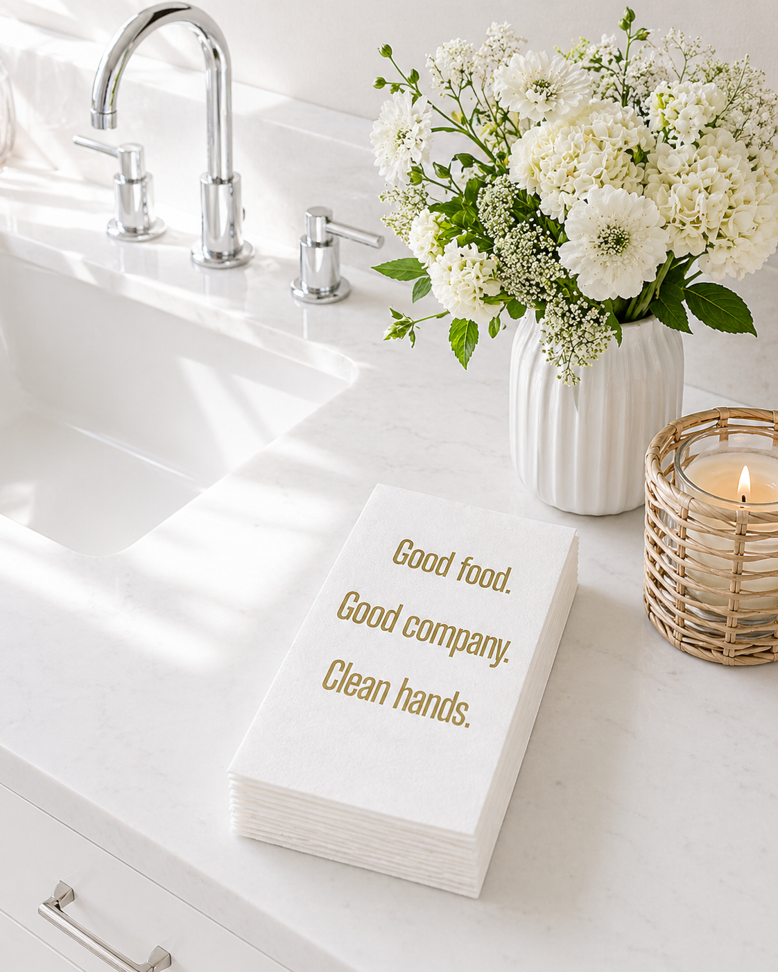 Linen-Feel Guest Towel Napkins, Good Food, Good Company, Clean Hands