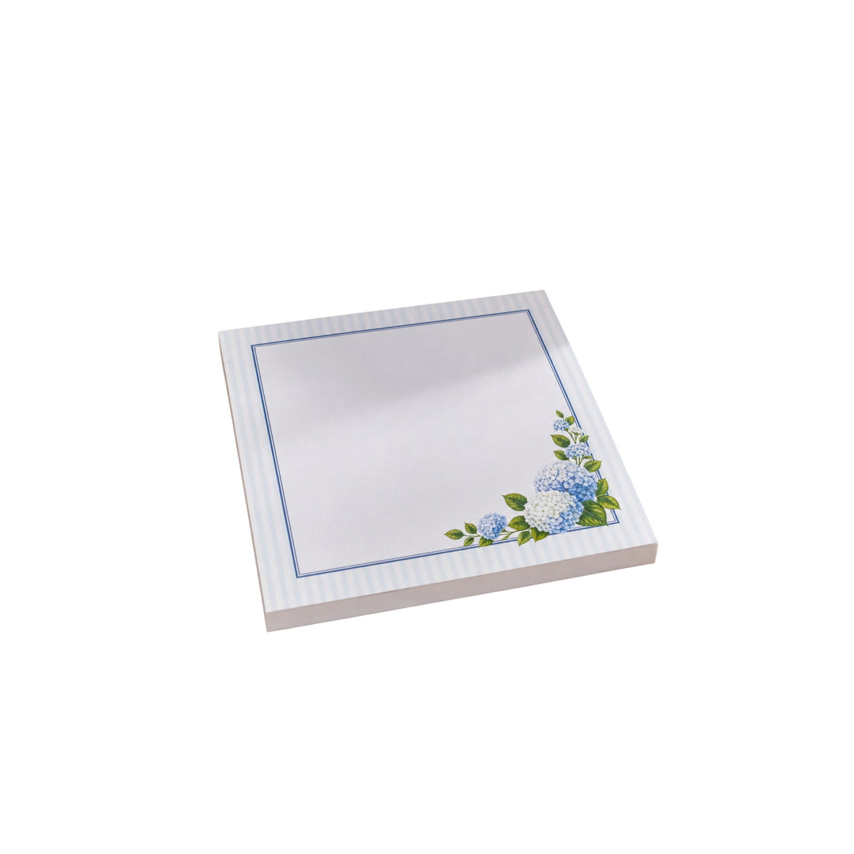 Hydrangea 5x5 notepad refill with blue and white hydrangeas and a light blue striped border