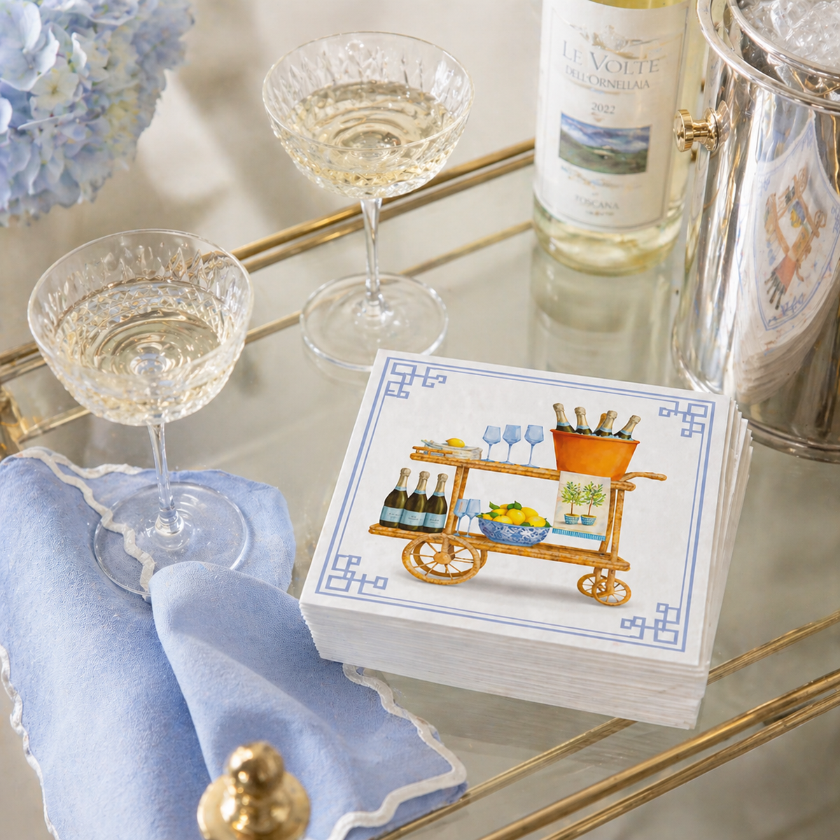 Maven Home Linen-Feel Lunch Napkins, Blue and White Champagne Bar Cart - view 03