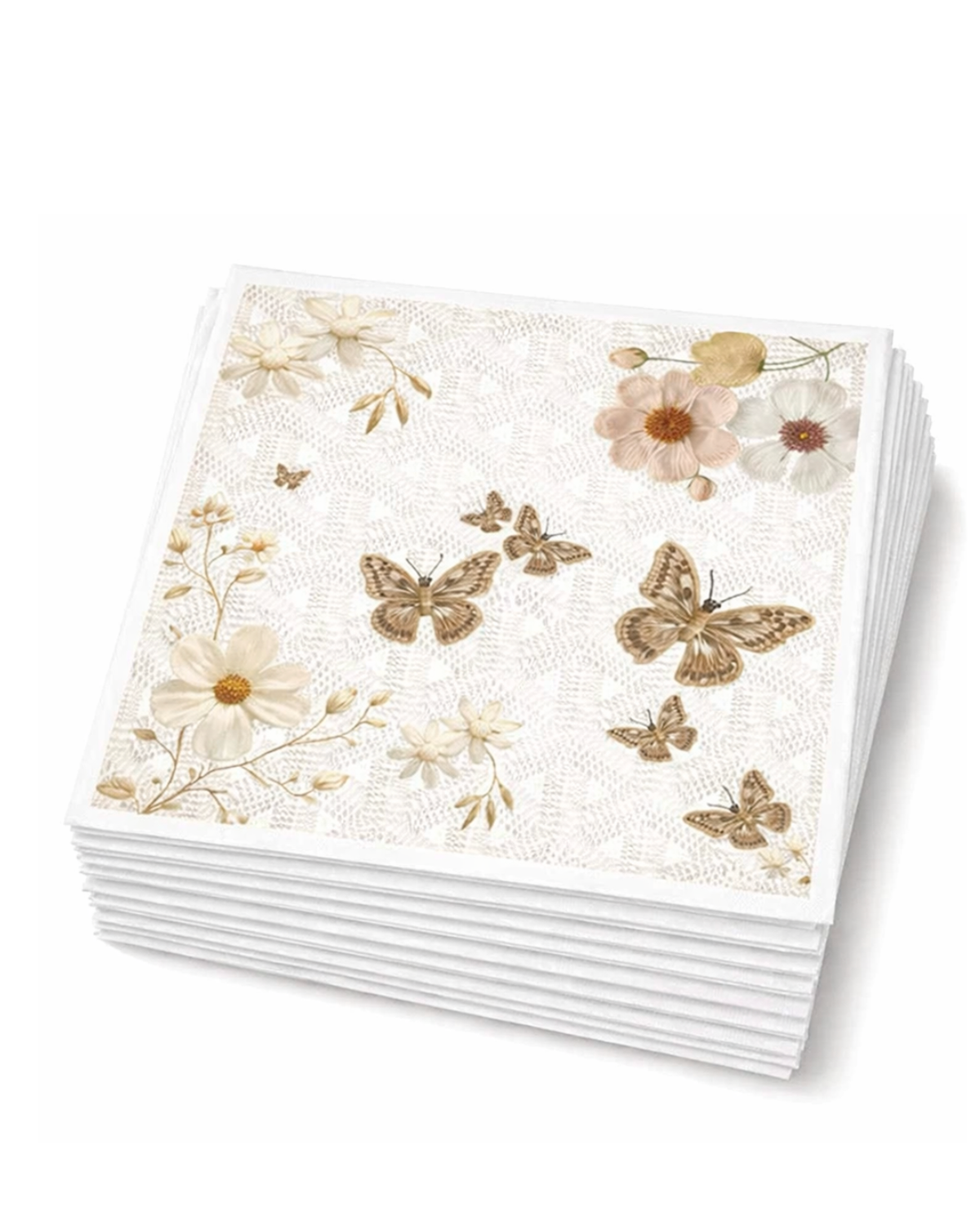 Linen-Feel Lunch Napkins, Neutral Floral and Butterfly Pattern - alternate view