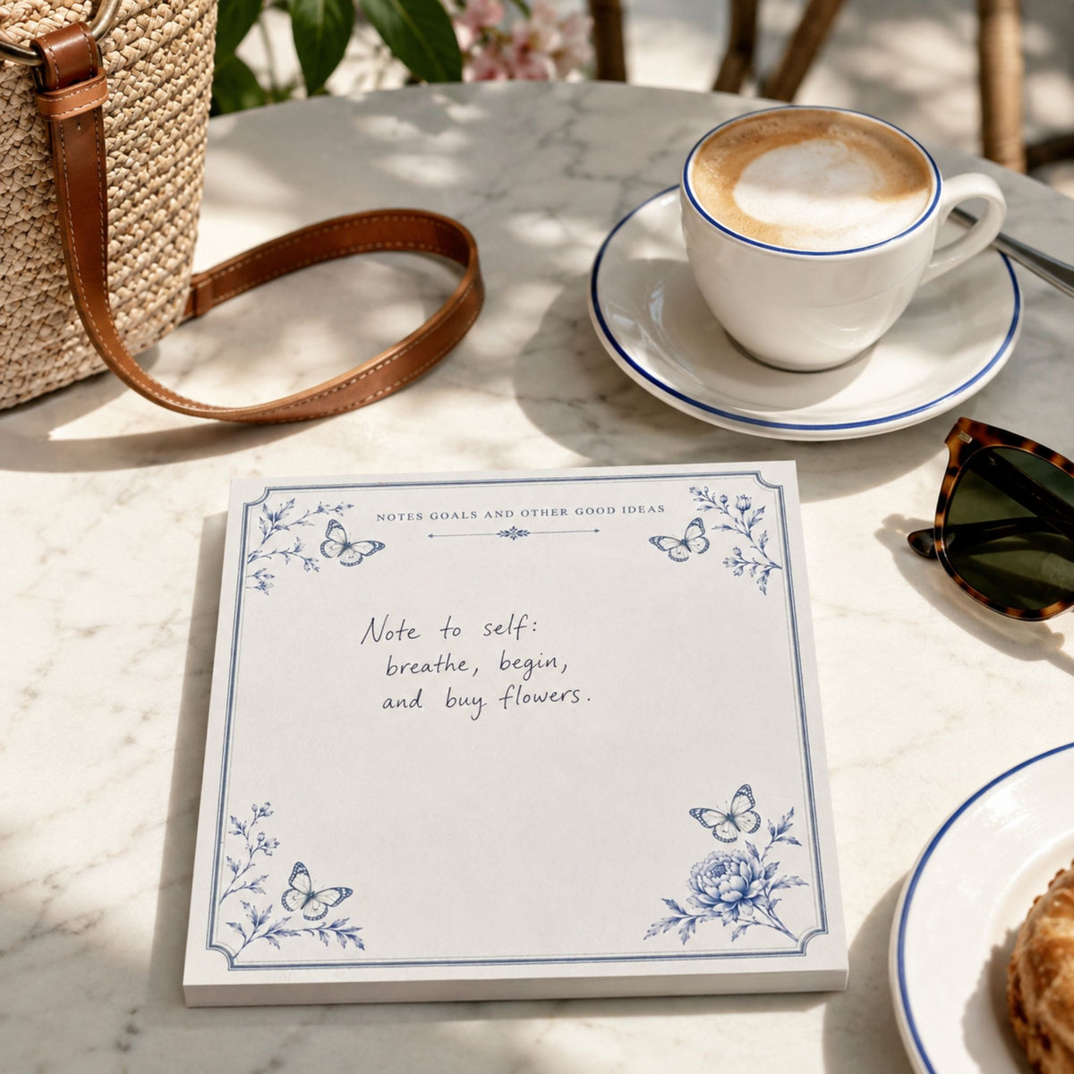 Notes and Goals notepad reading Note to self: breathe, begin, and buy flowers beside a cappuccino