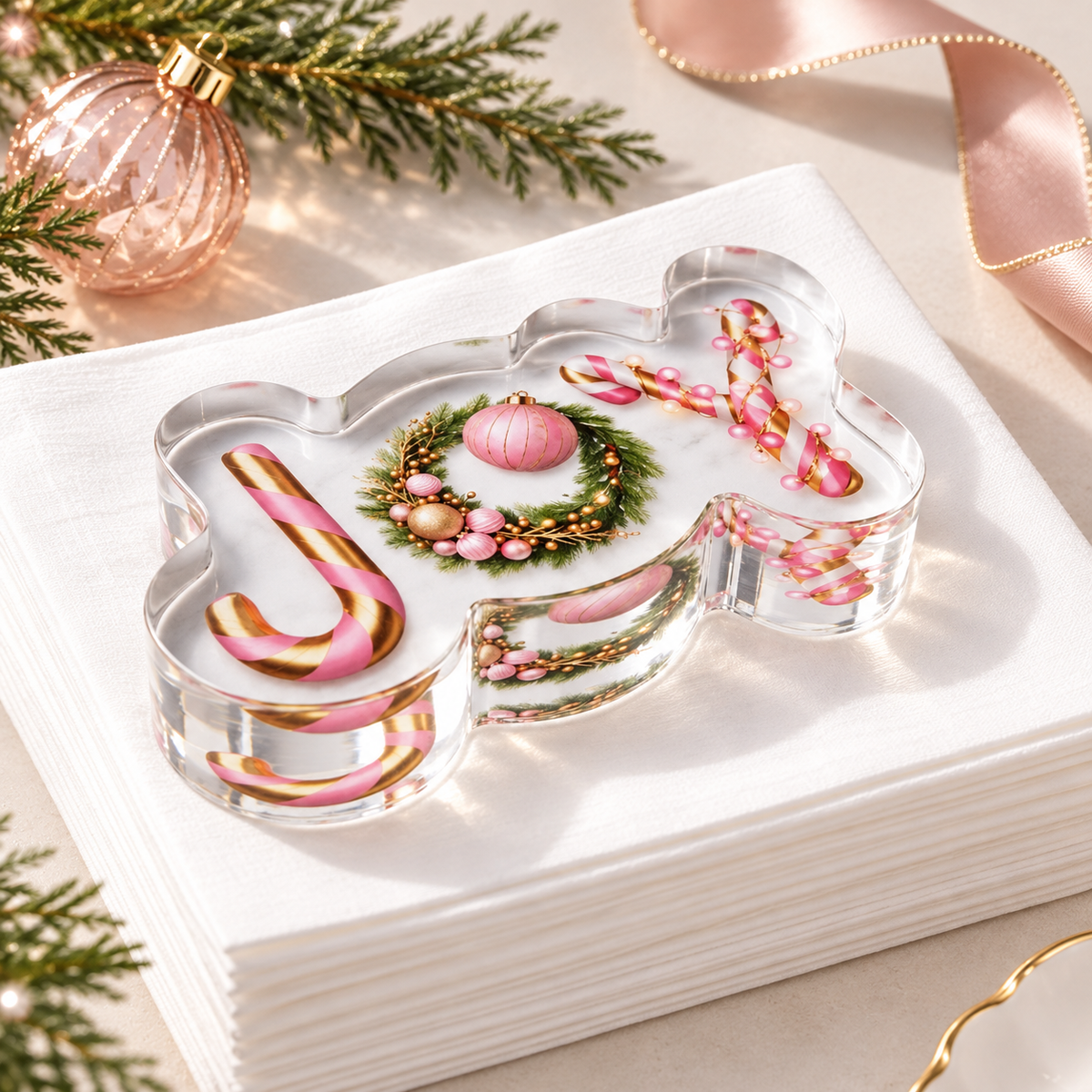 Close-up of the JOY acrylic napkin weight on white cocktail napkins, showing the candy cane J, pink ornament wreath O and pink bauble Y