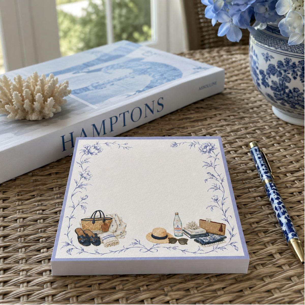 Proper Beach Club 5x5 notepad refill with lavender border, blue toile vines, straw tote and sun hat