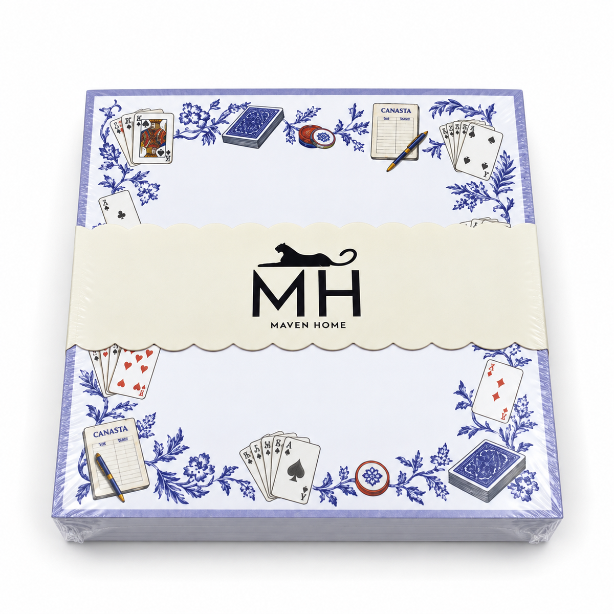 Proper Canasta notepad in its MH band with playing cards, canasta score pads, chips and blue florals