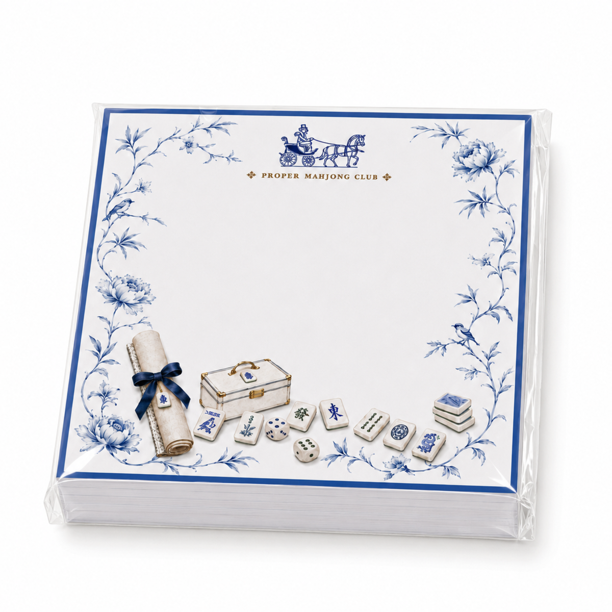 Proper Mahjong Club 5x5 notepad refill with blue peonies, horse carriage, mahjong tiles and dice