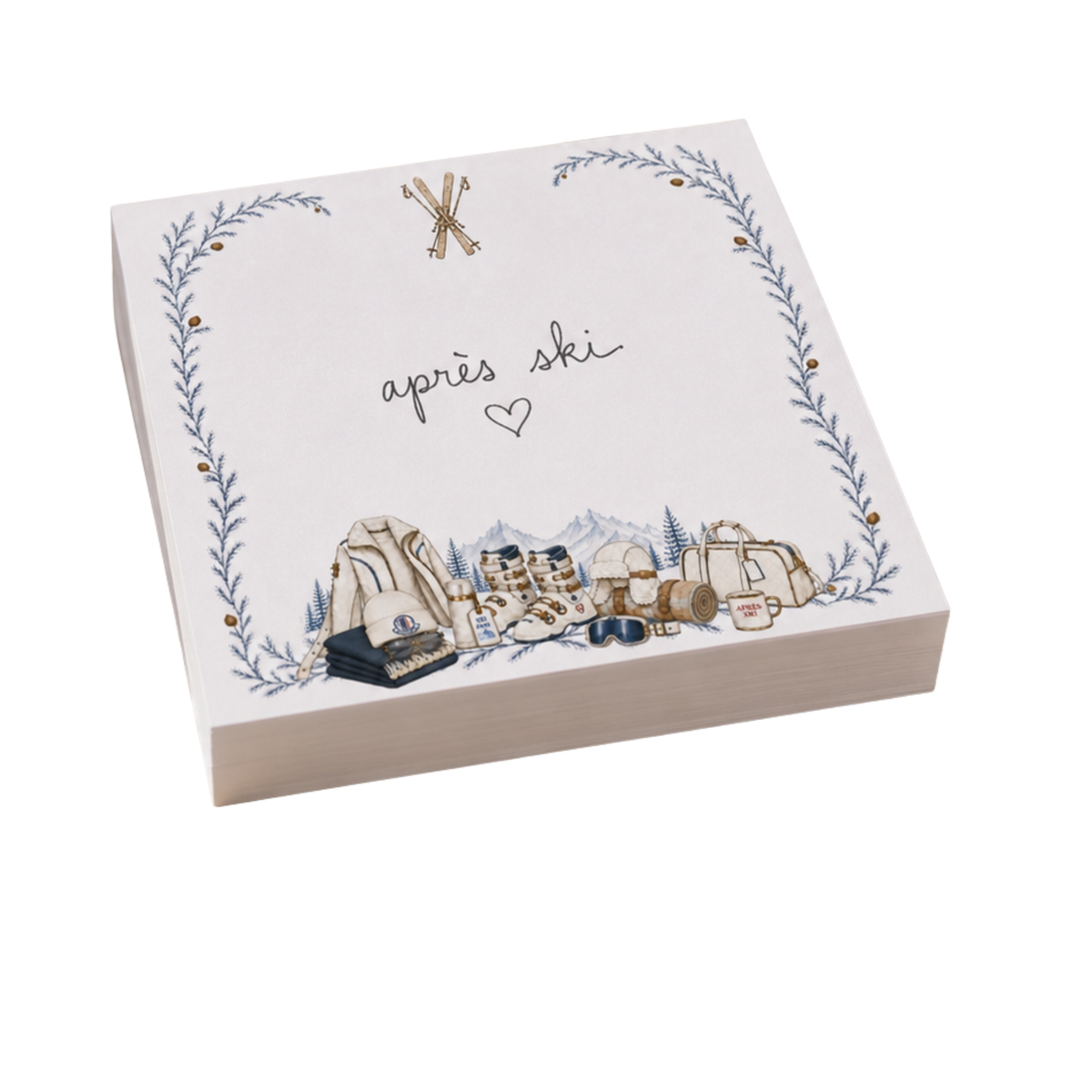 Proper Ski 5x5 notepad refill with crossed skis, ski gear and blue botanical border, apres ski written on the page, front view