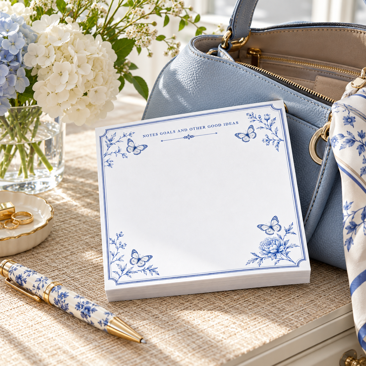 Notes and Goals notepad on a woven table with a blue handbag, white hydrangeas and a blue-and-white pen