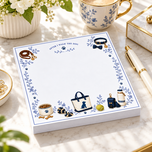 Proper Dogs After I Walk the Dog 5x5 notepad on a marble desk with a gold pen, blue-and-white teacup and white flowers