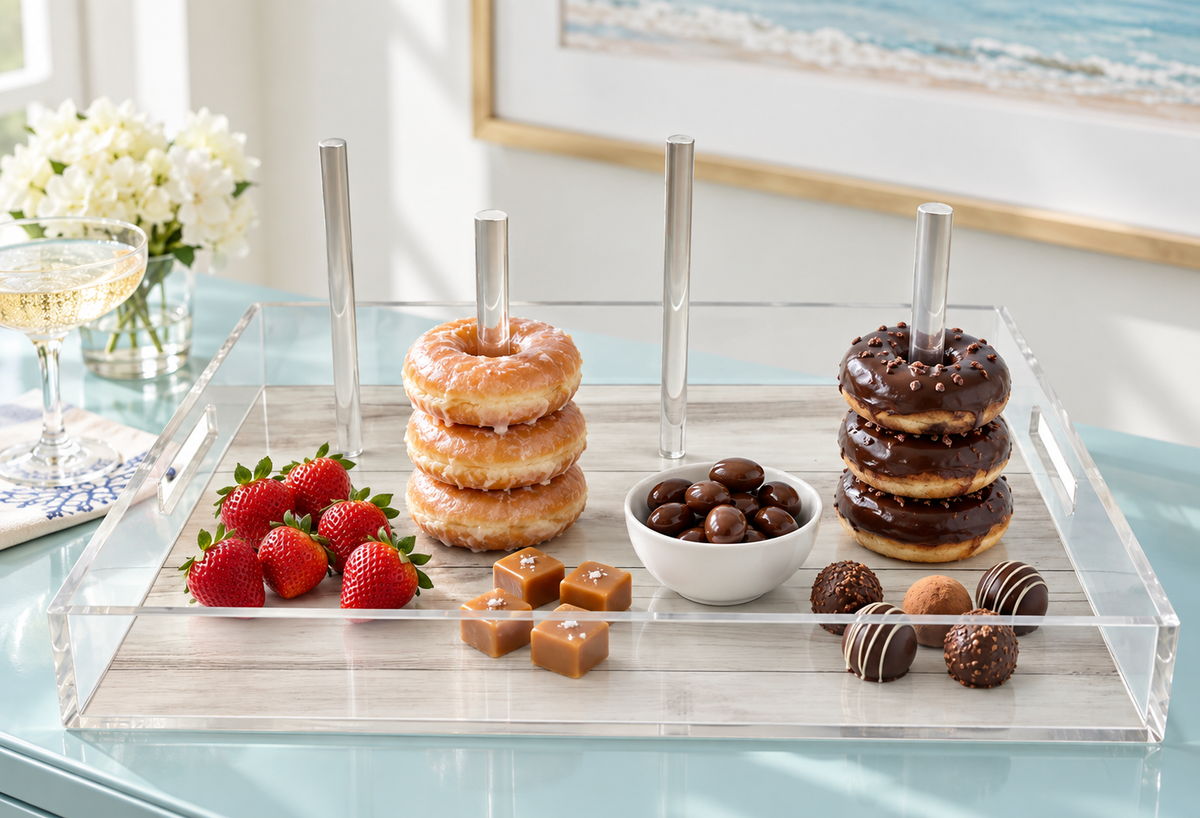 Donuts stacked on the dowels with strawberries and chocolates on a coastal table