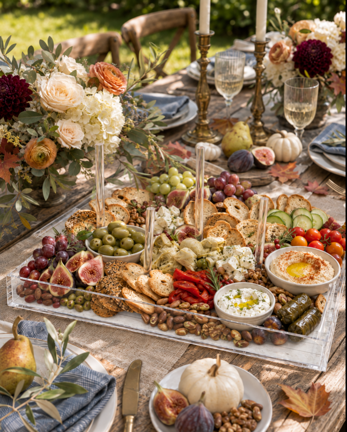 Fall grazing board with crostini, cheese, figs, hummus and olives on the acrylic tray at an outdoor dinner table