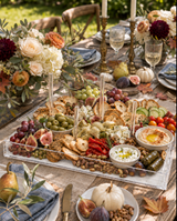 Fall grazing board with crostini, cheese, figs, hummus and olives on the acrylic tray at an outdoor dinner table