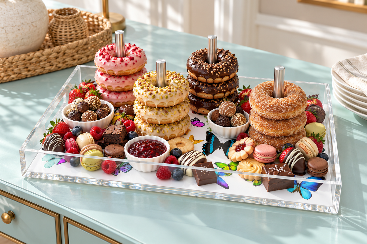 Donuts and bagels stacked on the dowels with berries, macarons and chocolates on a blue table