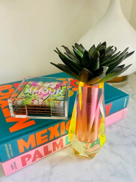 Pink and Yellow acrylic bud vase from another angle
