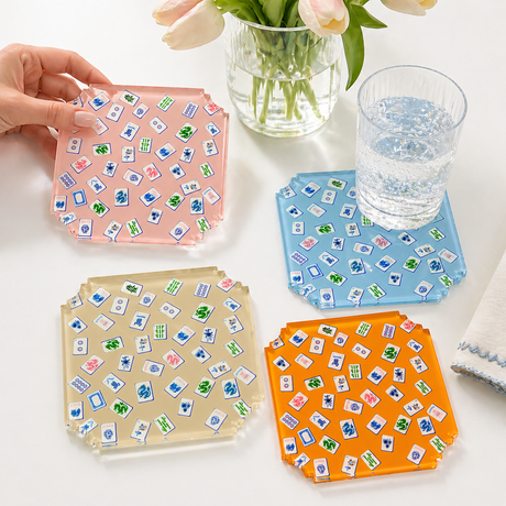 Preppy Mahjong boxed acrylic coaster set of 4, lifestyle photo