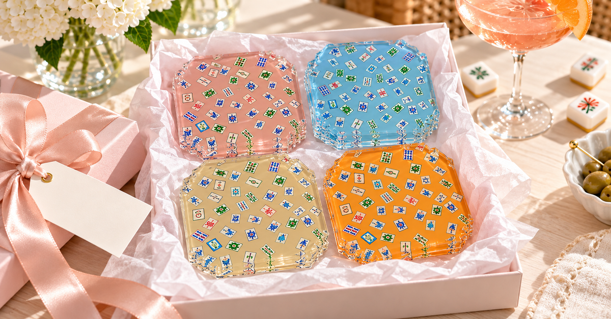 Preppy Mahjong acrylic coaster set of 4 in pink, blue, yellow and orange, in a pink gift box with ribbon
