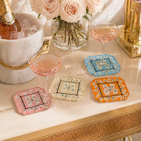 Bamboo Mahjong boxed acrylic coaster set of 4, styled photo