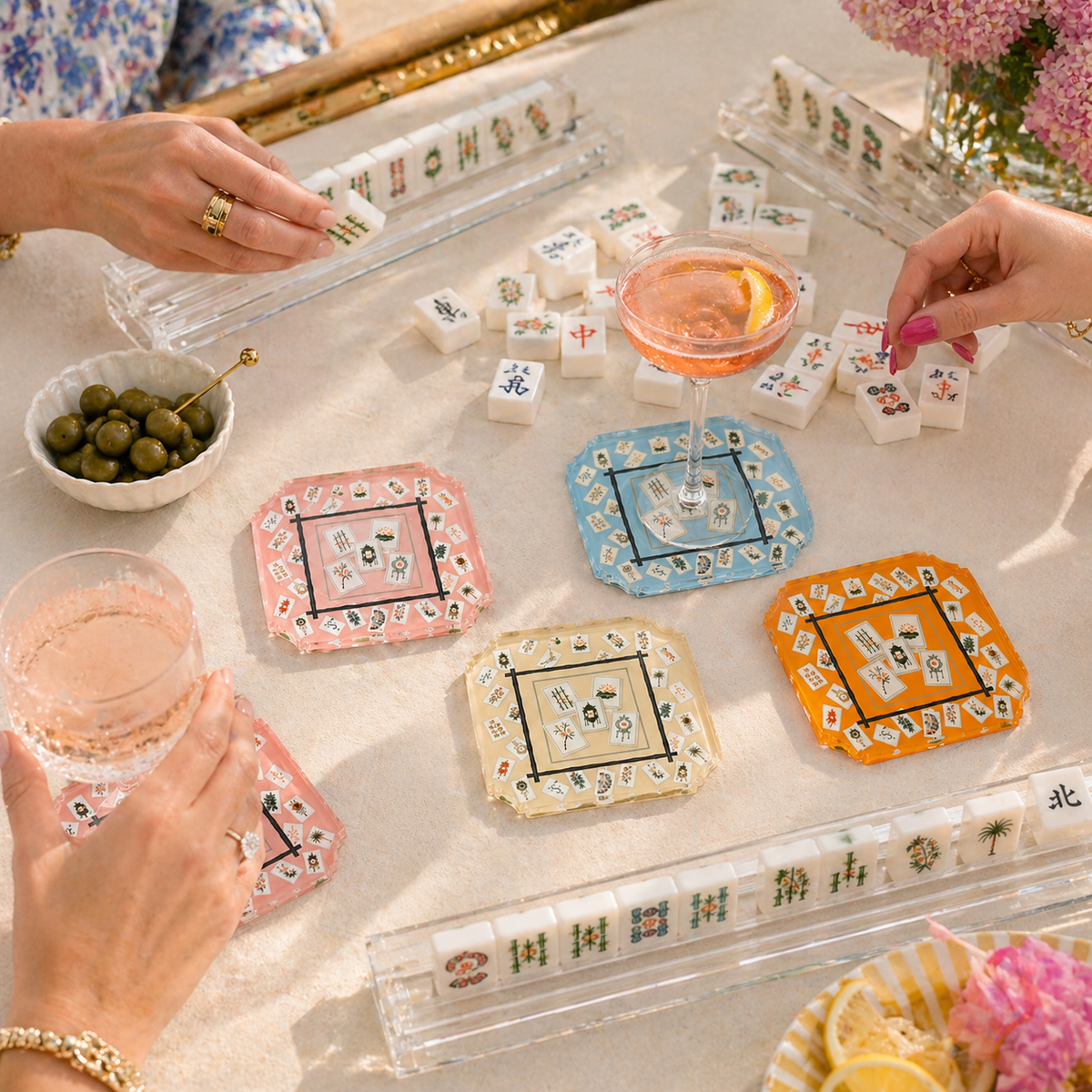 Bamboo Mahjong boxed acrylic coaster set of 4, detail