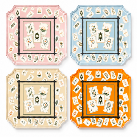 Bamboo Mahjong acrylic coaster set of 4 on white: pink, blue, cream and orange octagonal coasters, each with a mahjong tile framed in bamboo