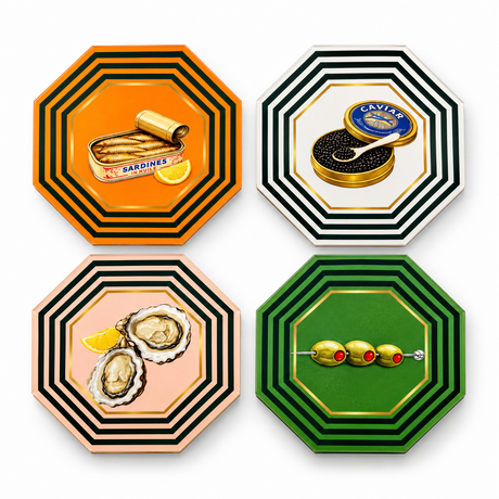 Four octagonal striped coasters laid flat: orange with a sardine tin, white with caviar, pink with oysters and green with skewered olives