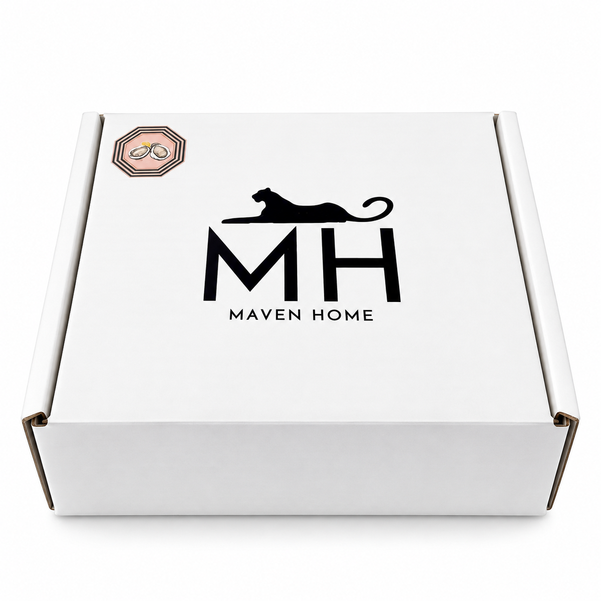 White gift box with a black panther logo and a pink octagonal oyster coaster sticker
