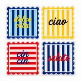 Dolce vita, ciao, cin cin and salute coasters laid flat in blue, yellow, red and navy stripes