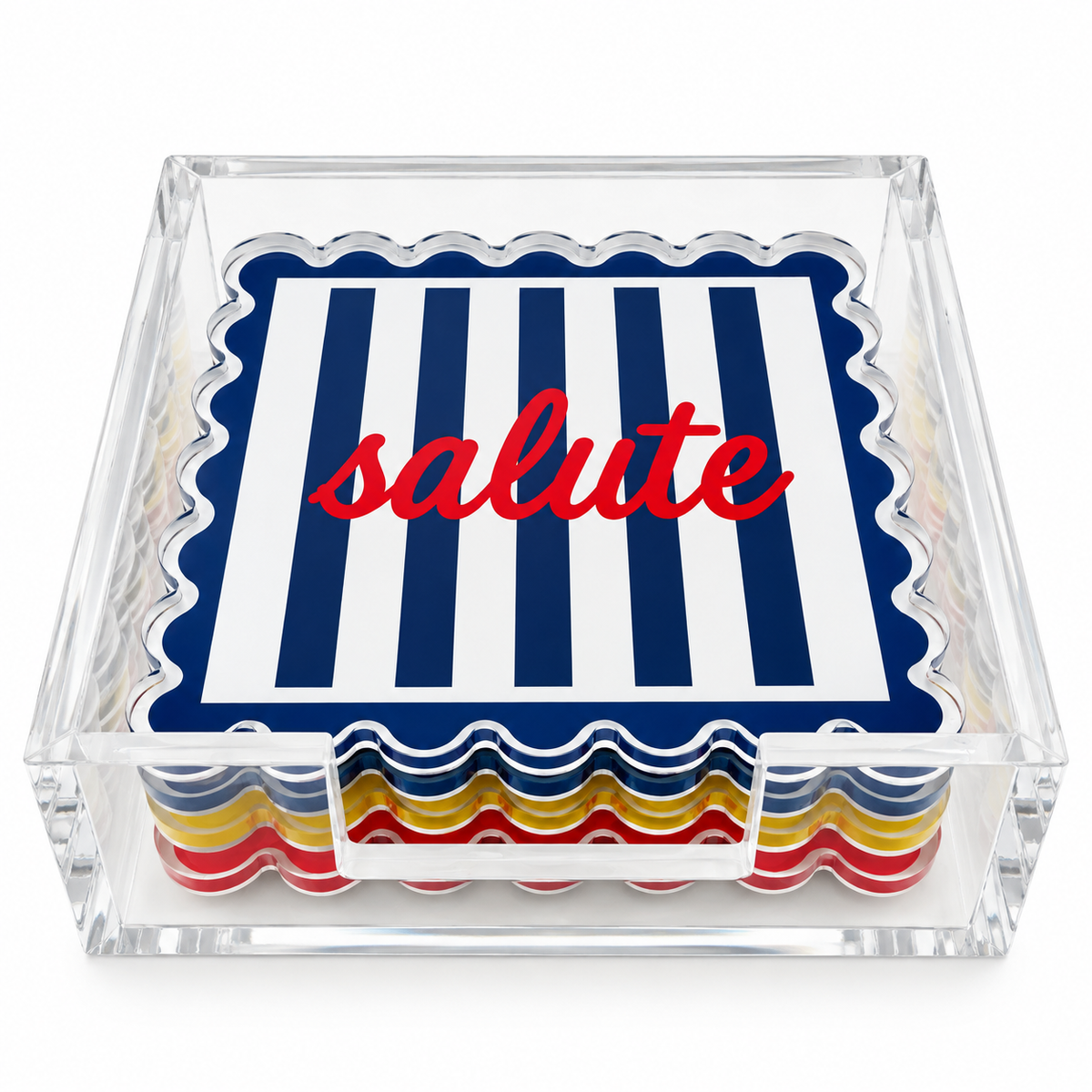 Navy striped salute coaster on top of the set in a clear acrylic holder