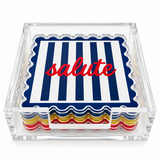 Navy striped salute coaster on top of the set in a clear acrylic holder