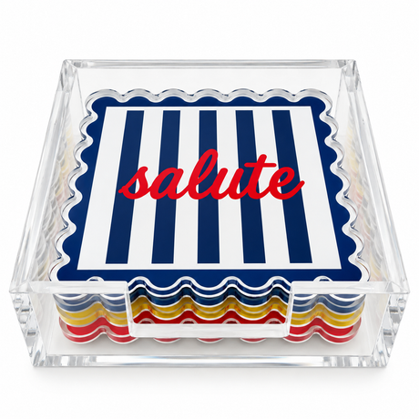Navy striped salute coaster on top of the set in a clear acrylic holder