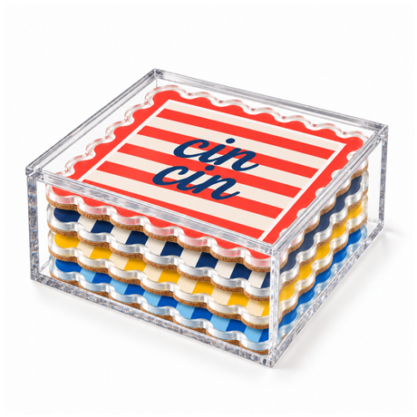Dolce Vita coaster set stacked in its clear acrylic storage box on white